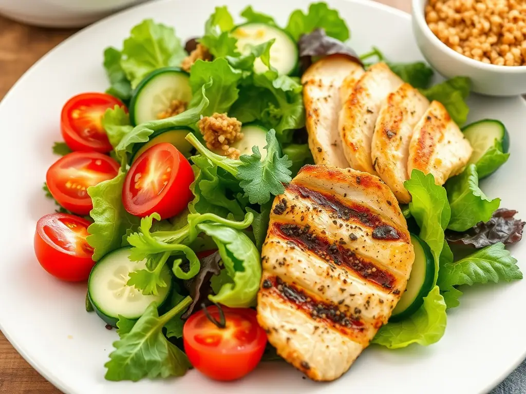 A colorful and balanced meal featuring fresh vegetables, lean protein, and a Nutri Nexus supplement, emphasizing overall wellness.